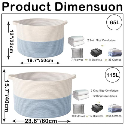 65L Large Blanket Basket,19.7" L x 19.7" W x 13" H Rope Woven Baskets with Handles, Toys Storage Bins,Laundry Basket Perfect for Living Room, Nursery,Bedroom,Home Organization,White&Blue