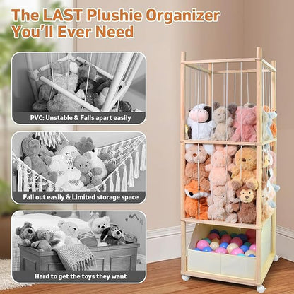 Stuffed Animal Storage with Tiny Toys Tray, Wood Stuffed Animal Zoo Storage with Brake Wheels, Space-Saving Plushie Playhouse for Nursery, Playroom, Kids Bedroom- Easy Assembly