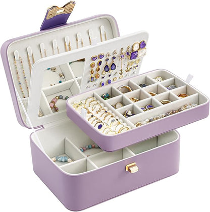 Lolalet 2 Layer Jewelry Box for Teen Girls & Young Women, Jewelry Organizer Case with Bow Clasp and Mirror for Earrings Rings Necklaces Storage, Gift Idea -Purple