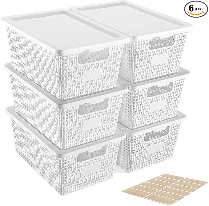 Plastic Storage Baskets with Lids [6-Pack] – Stackable Organizing Bins with Secure Snap-On Lids for Pantry, Bathroom & Closet | 11"x7"x5" Bins Hold 25lbs, Dustproof & Water-Resistant, White