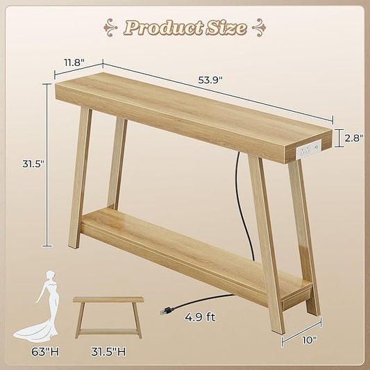 Huuger Console Table with Charging Station, USB-C Port, 2 Tiers Entryway Table, 53.9 Inch Sofa Table with Metal Legs, Entry Hallway Table with Thicker Desktop, Modern Behind Couch Table, Natural