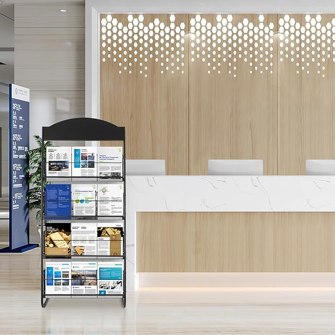 4-Tier Magazine Display Rack, 24.8" Wide Iron Brochure & Newspaper Stand