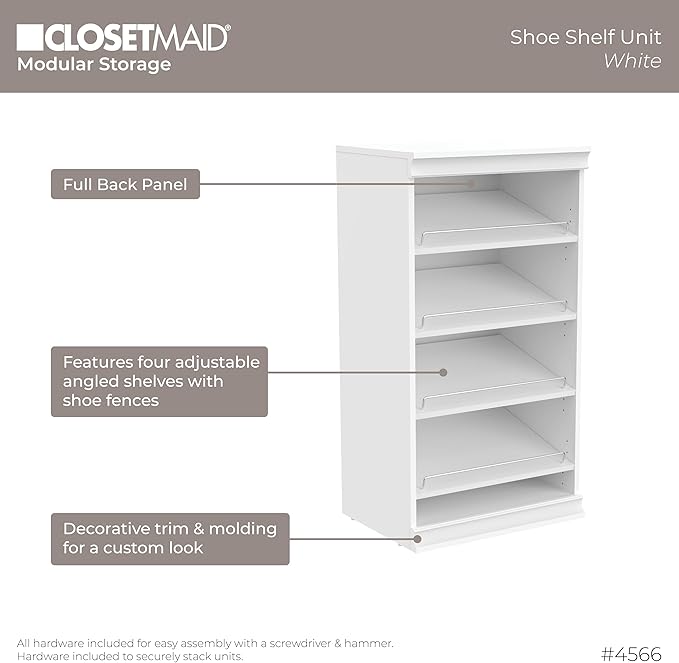ClosetMaid Modular Storage Shelf Unit with Angled Shoe Shelves, White