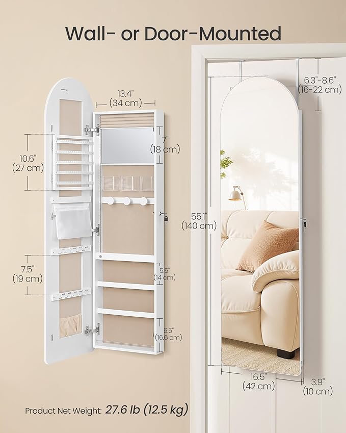 SONGMICS Wide Jewelry Organizer, LED Jewelry Cabinet Wall/Door Mounted, Arched Mirror with Storage, Lockable, Rounded Corner, Interior Mirror, 3.9 x 16.5 x 55.1 Inches, Cloud White UJJC040WB01