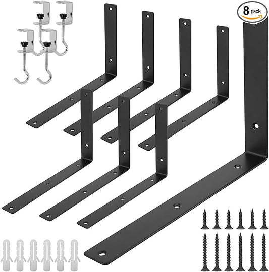 L Floating Shelf Brackets,8 Pack Heavy Duty L Brackets for Shelves, L 12" X H 8" Black Metal Countertop Support Brackets,Wall Mounting for Wood