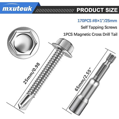 mxuteuk #8×1" Self Tapping Screws,410 Stainless Steel Self Tapping Screws for Metal,Self Drilling Screws,Hex Washer Head Sheet Metal Screws Suitable for Wood, Metal or Tough Materials(170PCS)