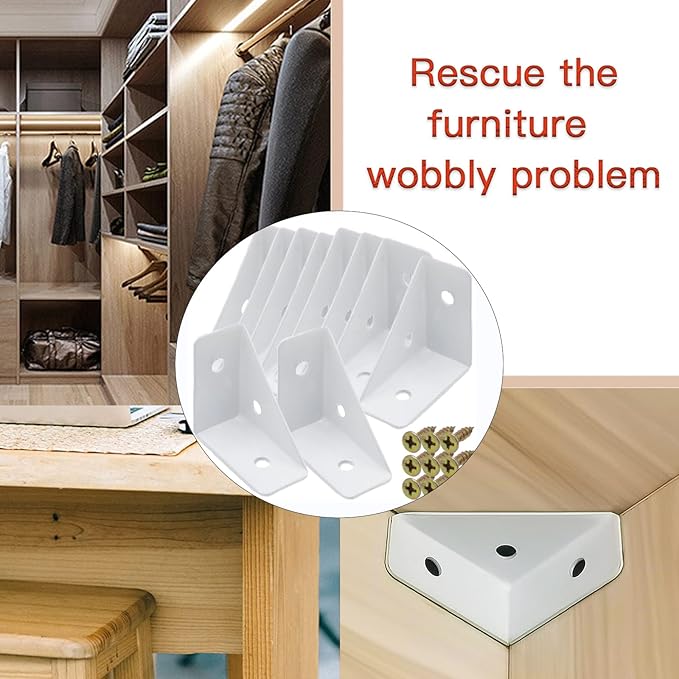 10Pcs White Right Angle Corner Shelf Bracket, 38x38mm Metal Corner Brackets for Wood Desk Bed Cabinet Edge, 1.5x1.5inch 90 Degree Corner Shelf Support Braces, with Mounting Screws