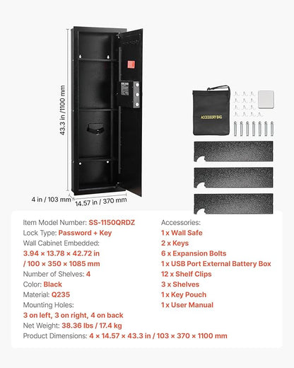 VEVOR 43.3" High Wall Safe, 4-Tier Hidden Wall Mounted Gun Safe with Password & Key, Q235 Cold-Rolled Steel In-Wall Box with LED Lighting, 3 Adjustable Shelves & Key Holders, Black