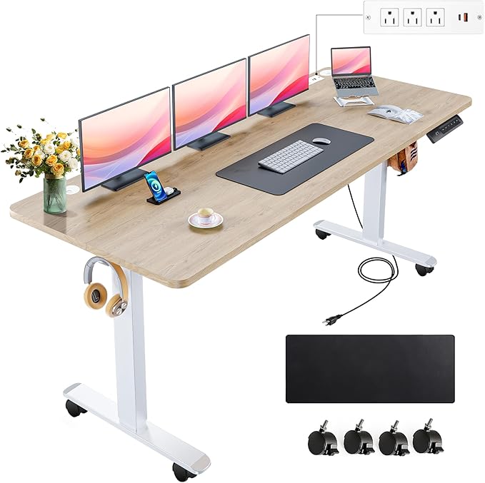 farexon Electric Standing Desk 63 x 24In with Outlets, Adjustable Height Stand up Desk with Large Mouse Pad, Double Hooks and 4 Wheels, 27''-46'' Lifting Range, Easy to Set for Home/Office(Oak)
