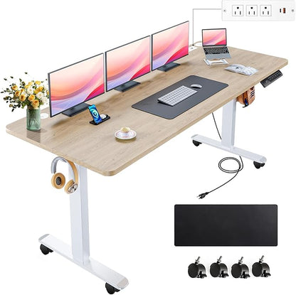 farexon Electric Standing Desk 63 x 24In with Outlets, Adjustable Height Stand up Desk with Large Mouse Pad, Double Hooks and 4 Wheels, 27''-46'' Lifting Range, Easy to Set for Home/Office(Oak)