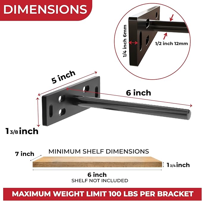 Set of 4 Floating Shelf Brackets Heavy Duty (1/4 inch Thick Baseplate) Painted Black Mild Steel/ Bracket for Hidden Wall Shelves Support Hardware Mount Kitchen/Nursery Decor (6 inch Rods)
