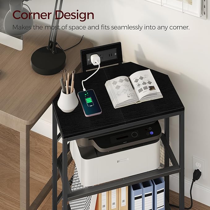 Corner Printer Stand with Charging Station, 3-Tier Large Printer Table with Adjustable Feet, Metal Frame Storage Shelf for Office, Living Room, Small Space, Black PTBK14E01