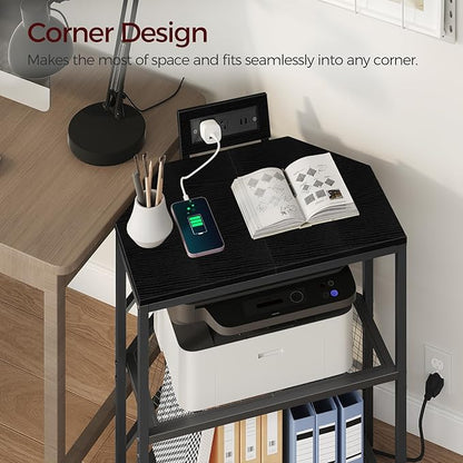 Corner Printer Stand with Charging Station, 3-Tier Large Printer Table with Adjustable Feet, Metal Frame Storage Shelf for Office, Living Room, Small Space, Black PTBK14E01