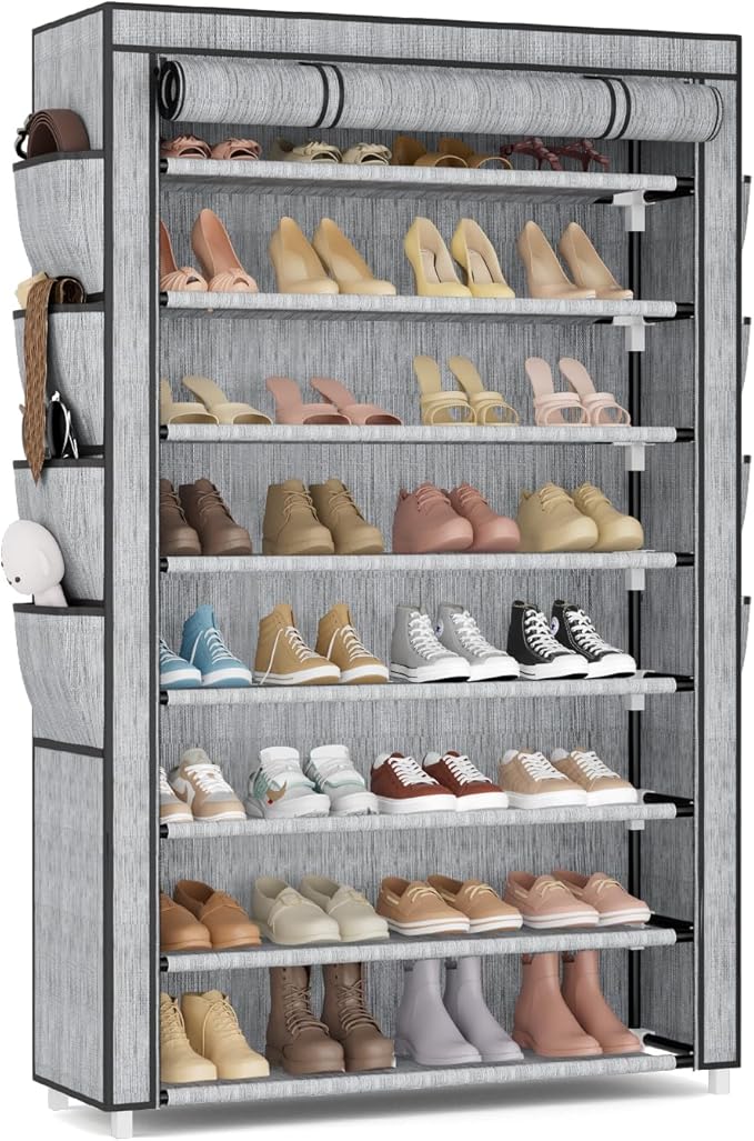 Shoe Rack with Cover, 8 Tier Tall Shoe Organizer Storage for 36-45 Pair Shoes and Boots Large Shoe Storage Shelf Free Standing Shoe Rack for Closet, Front Door Entrance, Dorm, Garage, Printing