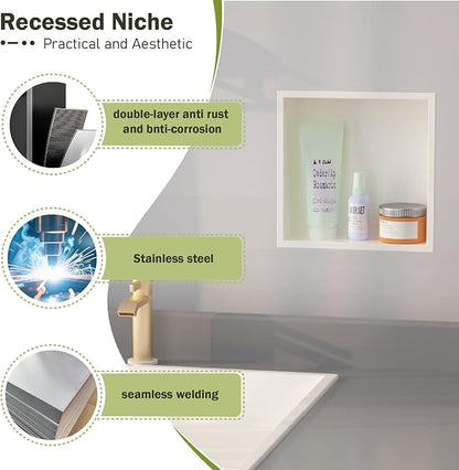 Stainless Steel Shower Niche 12"x12"，Shower Inserts Kit for Bathroom ， Recessed Shower Shelf Organizer for Storage Matte White （12"x12"）