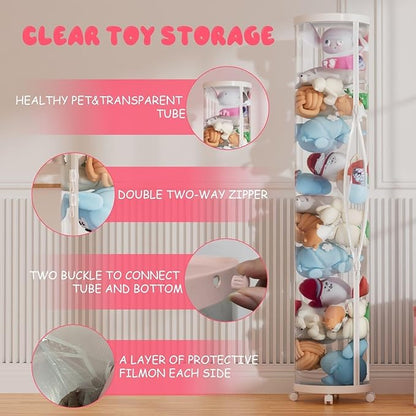 Large Stuffed Animal Storage Tube with Wheels, Tall Toy Organizer with Double Zipper, WhiteClear PET Cylinder Container for Plush Toy Organization, Space Saving Kids Room Storage