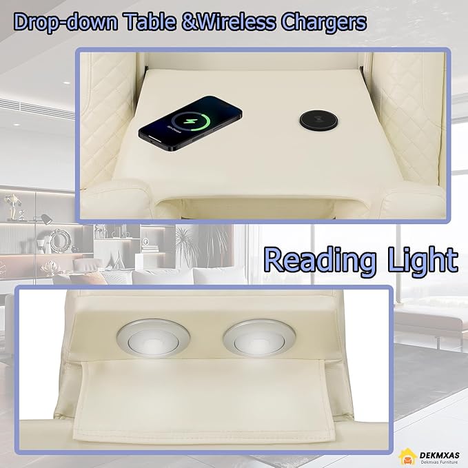 Creamy White Power Reclining Sofa for Living Room, Living Room Furniture Sets, Power Recliner Breathing Leather Sofa with 2 Recliner Seats/Cup Holder/LED Light/USB Port for Office, Rv Car
