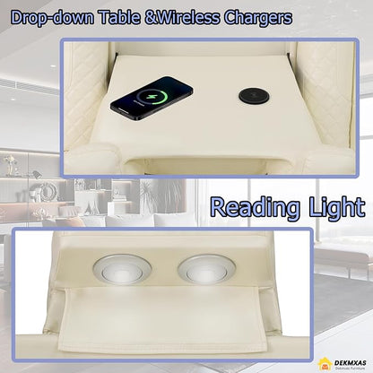 Creamy White Power Reclining Sofa for Living Room, Living Room Furniture Sets, Power Recliner Breathing Leather Sofa with 2 Recliner Seats/Cup Holder/LED Light/USB Port for Office, Rv Car