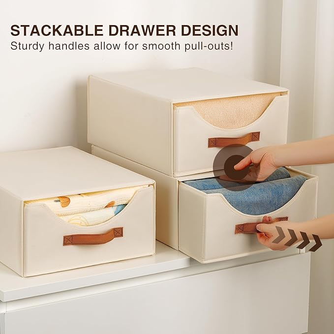 Stackable Storage Drawers - Large Collapsible Storage Bins with Drawers, 4 Pack Closet Shelf Organizer Basket, Fabric Pull Out Organizer for Bedroom, Living Room, Dorm, Light Beige