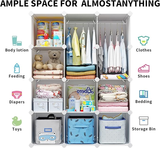 VIPZONE Baby Closet,Dresser, Kids Closet Organizers, Portable Kids Wardrobe for Closet, Bedroom, Nursery, Cubby, Cabinet, Clothes, Dress, Baby Storage Shelf, Armoire Clothes Hanging (12 Cube, White)