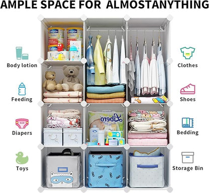 VIPZONE Baby Closet,Dresser, Kids Closet Organizers, Portable Kids Wardrobe for Closet, Bedroom, Nursery, Cubby, Cabinet, Clothes, Dress, Baby Storage Shelf, Armoire Clothes Hanging (12 Cube, White)
