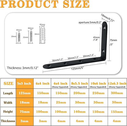 Alise Floating Shelf Brackets,L Brackets for Shelves Heavy Duty Shelving Brackets Stainless Steel Corner Brace Angle Bracket for Wood,5x3 Inch Wall Bracket Black Finish,Pack of 4