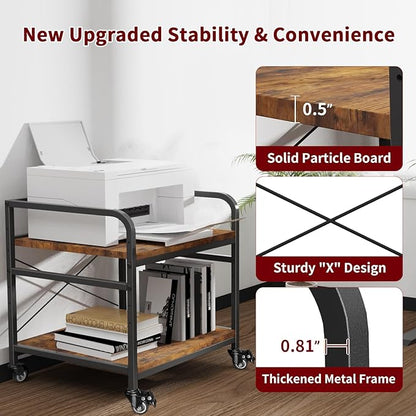 TFK 2 Tier Large Printer Stand with Storage, 20 x 20 Inch Under Desk Printer Table with Adjustable Shelf, Rolling Printers Cart for Home Office, Fits Fax /3D Printer/Scanner, Brown