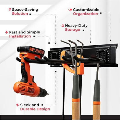 TIDYME Garage Tool Organizer Wall Mount - 32 inches - Sturdy Storage Rack with Adjustable Hooks, Anti-Rust - Easy Installation, 200lbs Capacity - Garden Tool Organizer (02 Racks & 04 Hooks)