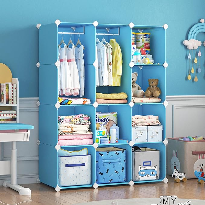 VIPZONE Baby Dresser, Kids Closet Organizers, Portable Kids Wardrobe for Closet, Bedroom, Nursery, Cubby, Cabinet, Clothes, Dress, Baby Storage Shelf, Armoire Clothes Hanging (Blue)