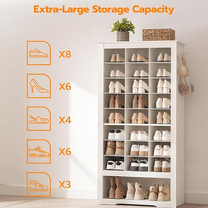 HOOBRO Tall Shoe Cabinet, 9 Tier Shoe Storage Cabinet, Freestanding Wooden Shoe Cabinet Organizer with 24 Cubbies and 3 Hooks, for Entryway, Closet, Living Room, White WT24SC01