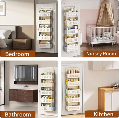 Over The Door Organizer with 5 Large Pockets, Over the Door Storage 10 Side Pocket 44 lb Load Behind Door Storage, Closet Door Organizer Hanging Shelf for Wall Bathroom Bedroom Nursery, 5-Tier Beige