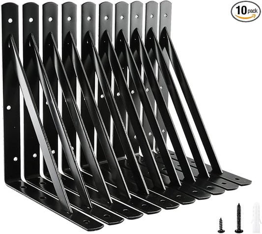 HOME MASTER HARDWARE 12 inch x 8 inch Heavy Duty Shelf Brackets, Load Capacity: 600lb, Black Metal 90 Degree Supports for Shelves 10-Pack, Wall Mounted L Bracket for Floating Shelving with Screws