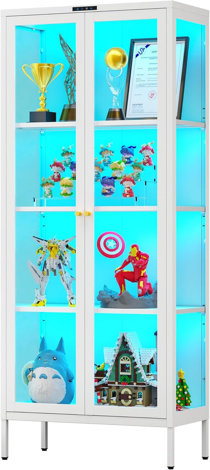 Glass Display Cabinet with Glass Doors, Metal Curio Cabinet with 8-Color LED Lights, 66 Inch Tall Display Case for Collectibles, White Glass Cabinet for Living Room, Assembly Required