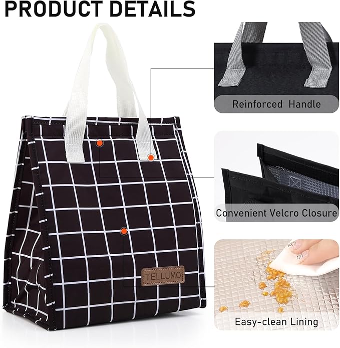 TELLUMO Lunch bag, Insulated Lunch Bag for Women Men Large Lunch Box Container Reusable Leakproof Tote for Office, Work, School, Beach or Travel (Black Grid)