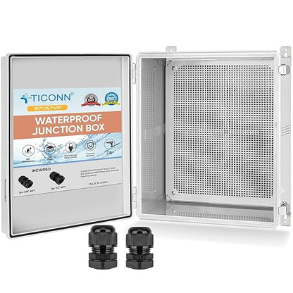 TICONN Outdoor Electrical Box Waterproof, Junction Box IP67 ABS Plastic Enclosure with Hinged Cover with Mounting Plate, Wall Brackets, Cable Glands (Off-White, 19.7"x15.7"x7.9")