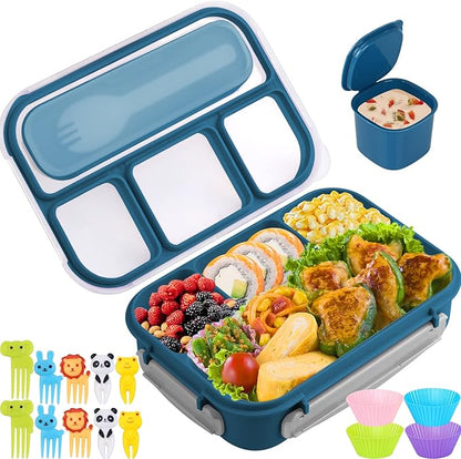 Bento Box, Lunch Box Kids, 1300ML Adult with 4 Compartment &Food Picks &Cake Cups, Containers for Adults/Kids/Toddler, Leak-Proof, Microwave/Dishwasher/Freezer Safe(Blue)