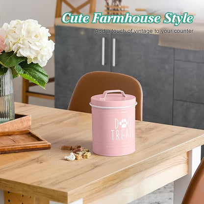 Pink Small Dog Treat Container Airtight - 6" Tall X 4.9" Round Pink Dog Treat Jar for Kitchen Counter - Rustic Treat Storage Canister for Dogs, Cats, Small Animals - Gifts for Pet Owners