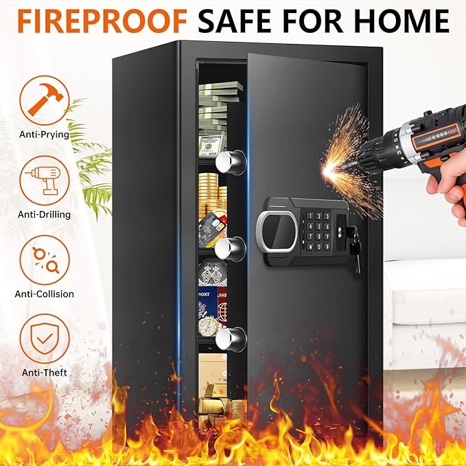 6.1 Cuft Large Fire and Waterproof Safes for Home, Anti-theft Fireproof Lock Box with Digital Keypad, Removable Shelves and Alert System, Personal Fire Proof Safe for Home Documents Valuables