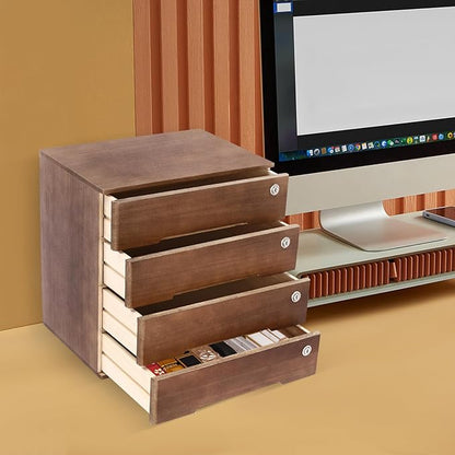 4 Drawers Wood Storage Box, Flat File Cabinet, Storage Cabinet Organizer with Lockable Drawers, Office Supplies File Organizer, Art Storage Cabinets, Multipurpose Tool Box for Home Office (Walnut)