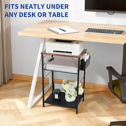 Small Under Desk Storage, Brown Printer Stand with Storage Shelf, 3-Tier Height Adjustable Printer Table with Basket & 3 Hooks for Home Office Fax Machine Scanner Files