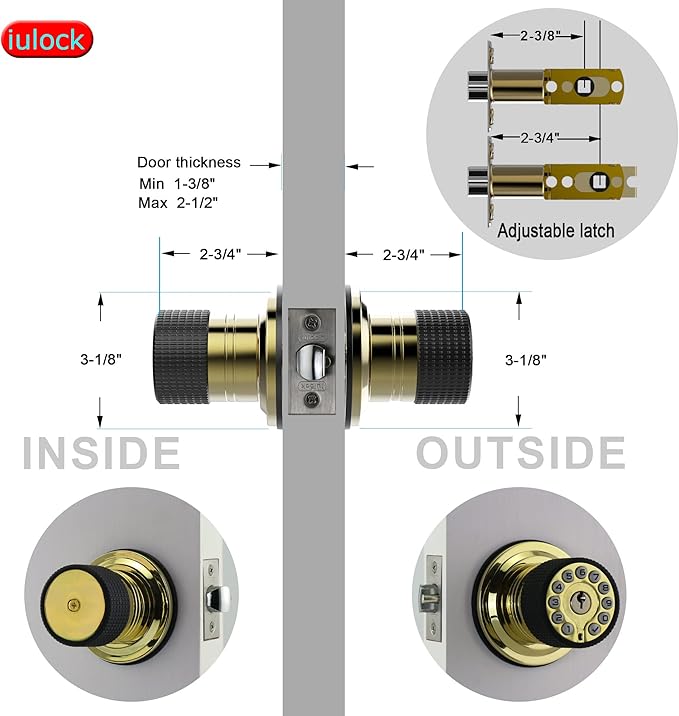 Smart Door Knob with Keypad and Key,Keyless Entry Door Lock with Rubber Grip, Auto Lock,50 User Code,Waterproof, Easy to Install and Program for Bedroom Garage Office Gate (Golden)