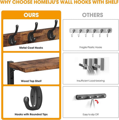 Homeiju 28.7" Coat Rack Wall Mount with Shelf, Key Hooks for Wall with Shelf, Coat Hooks Wall Mounted with 6 Heavy Duty Double Hooks for Bedroom,Living Room, Rustic Brown