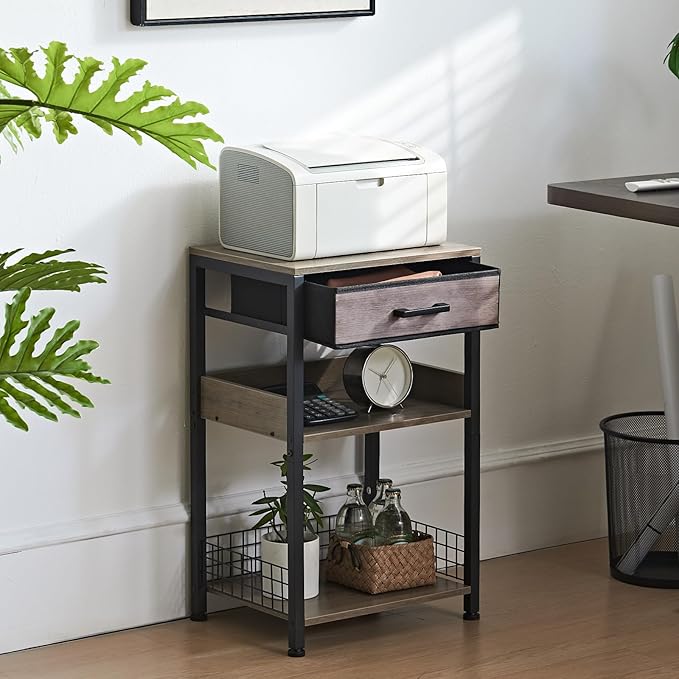 Lerliuo Grey Printer Stand with Fabric Drawer, 3 Tier Industrial Side Table, Modern Small Printer Desk Holder with Storage Shelf,Multi-Functional Bedside Tables for Home Office Fax Machine Scanner