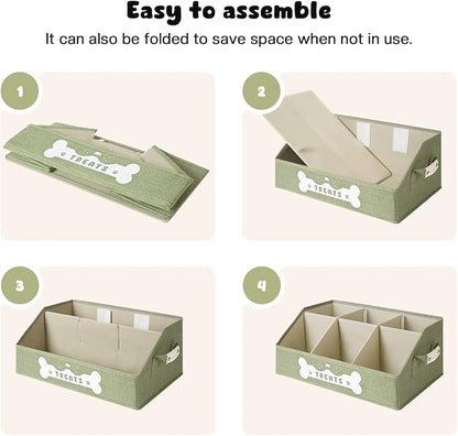 Dog Treat Container, Dogs Storage Organizer with Removable Dividers, Collapsible Dogs Treat Holder for Countertop, Trapezoid Pet Treats Containers, Dog Toy Basket with PU Handles, Medium, Green