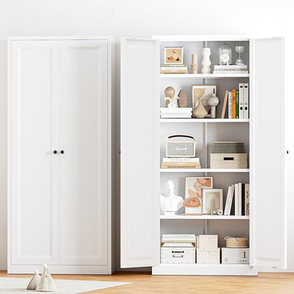 Greenvelly Metal Cabinet, 63" H White Metal Storage Cabinet with Doors and 4 Shelves, Pantry Storage Cabinet for Kitchen, Bedroom, Living Room, Office (Modern)