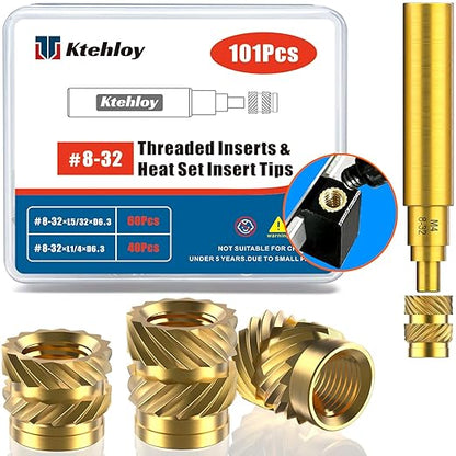 101Pcs #8-32 Threaded Inserts, Female Thread SAE Knurled Nuts Assortment Kit, Brass Heat Set Insert for Plastic and 3D Printing Components(#8-32, L1/4×D6.3 and L5/16×D6.3)