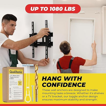 1/4”-20 Quick Easy Heavy Duty Toggle Anchors with Bolts - Hollow Wall Anchors with Steel Wings, Adjustable Up to 2 1/2" Thick Wall, Holds Up to 1080 Lbs, Heavy Duty Drill Bit Included (12 Pack)