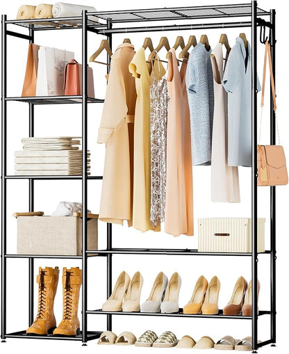 Neprock Wardrobe Closet, Portable Clothing Rack for Hanging Clothes, Free Standing Closet Organizers and Storage System with 4 Tiers Shelves for Cloakroom Bedroom, Black