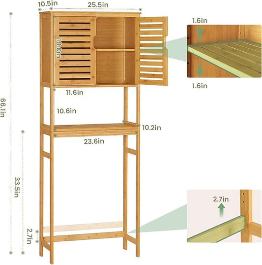 VIAGDO Over The Toilet Storage Cabinet, Tall Bathroom Cabinet Organizer with Cupboard and Adjustable Shelves, Freestanding Toilet Shelf Space Saver Rack Stand for Laundry Room, Balcony, Bamboo