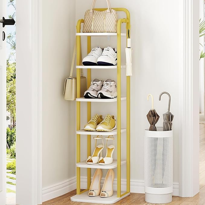 6 Tiers Vertical Shoe Rack, Narrow Shoe Tower, Tall Shoes Shelf with 2 Hooks, Adjustable Shelves, Corner Shoes Shelves for Small Spaces, Entryway, Living Room, White Gold SR04213A
